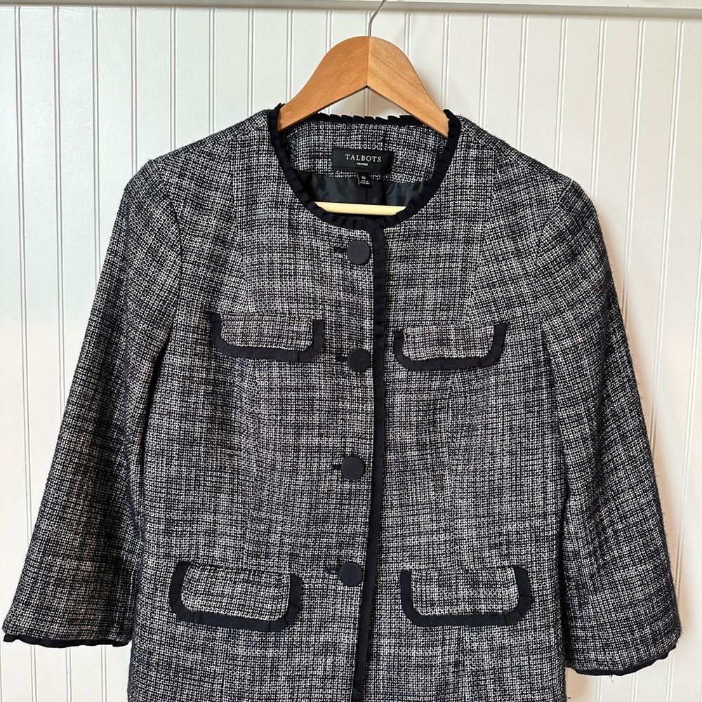 TALBOTS Womens Blazer Jacket Size 8P Deep Blue Navy Weave Tweed Lined Career